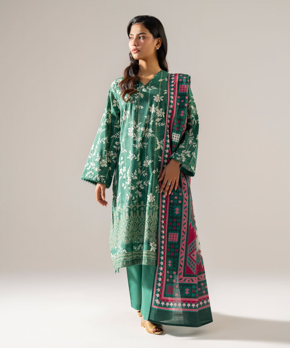 Women's RTW Khaddar Printed Green 3 Piece Suit
