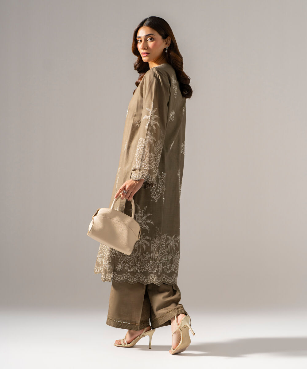 Women's RTW Cross Hatch Printed Embroidered Muted Green Straight Shirt