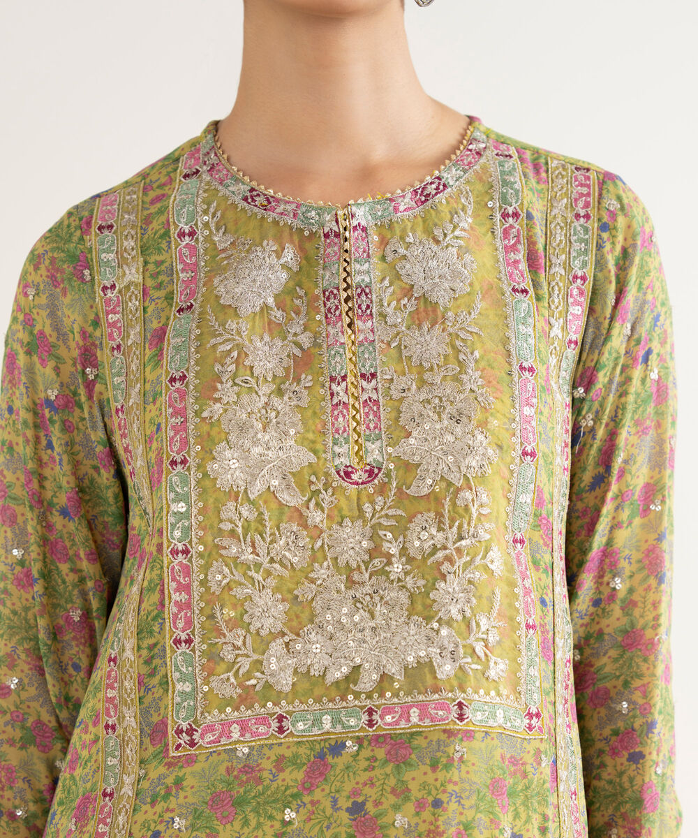 Women's RTW Bemberg Georgette Chiffon Embroidered Yellow 3 Piece Suit