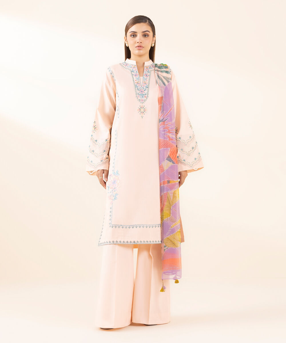Women's Unstitched Lawn Embroidered Pink 3 Piece Suit