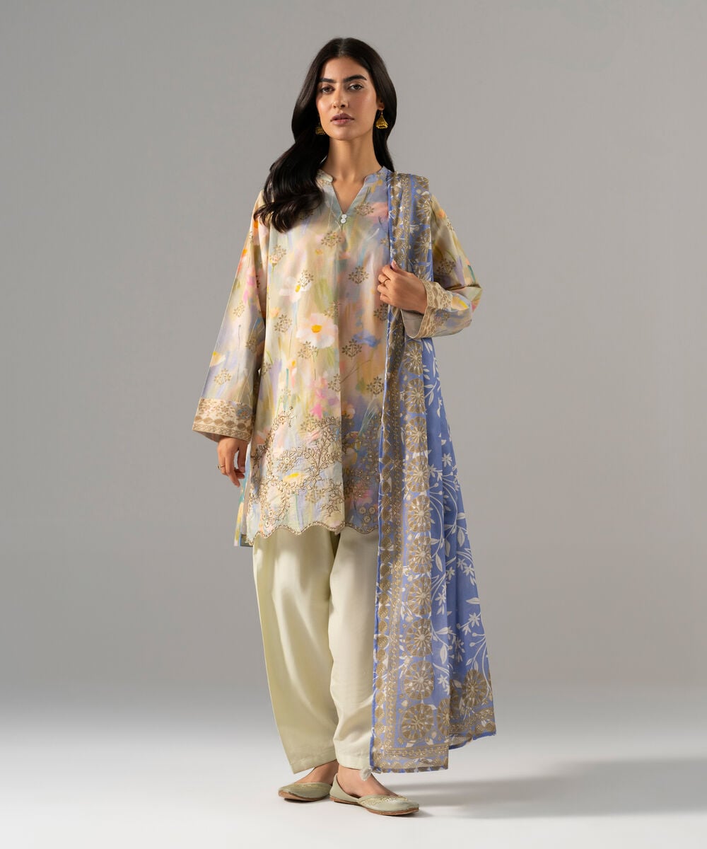 Women's RTW Cambric Embroidered Blue 3 Piece Suit