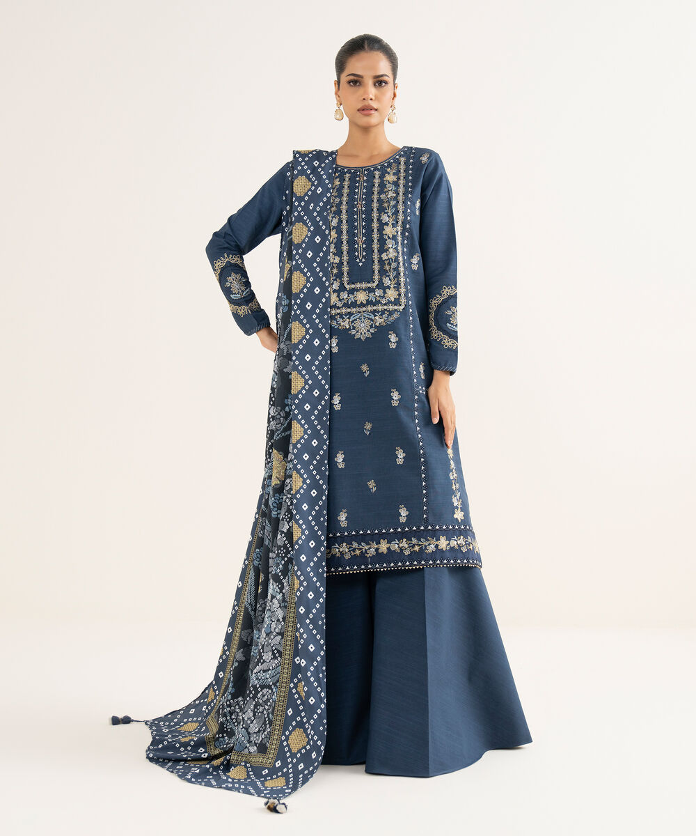 Women's Unstitched Light Khaddar Embroidered Blue 3 Piece Suit