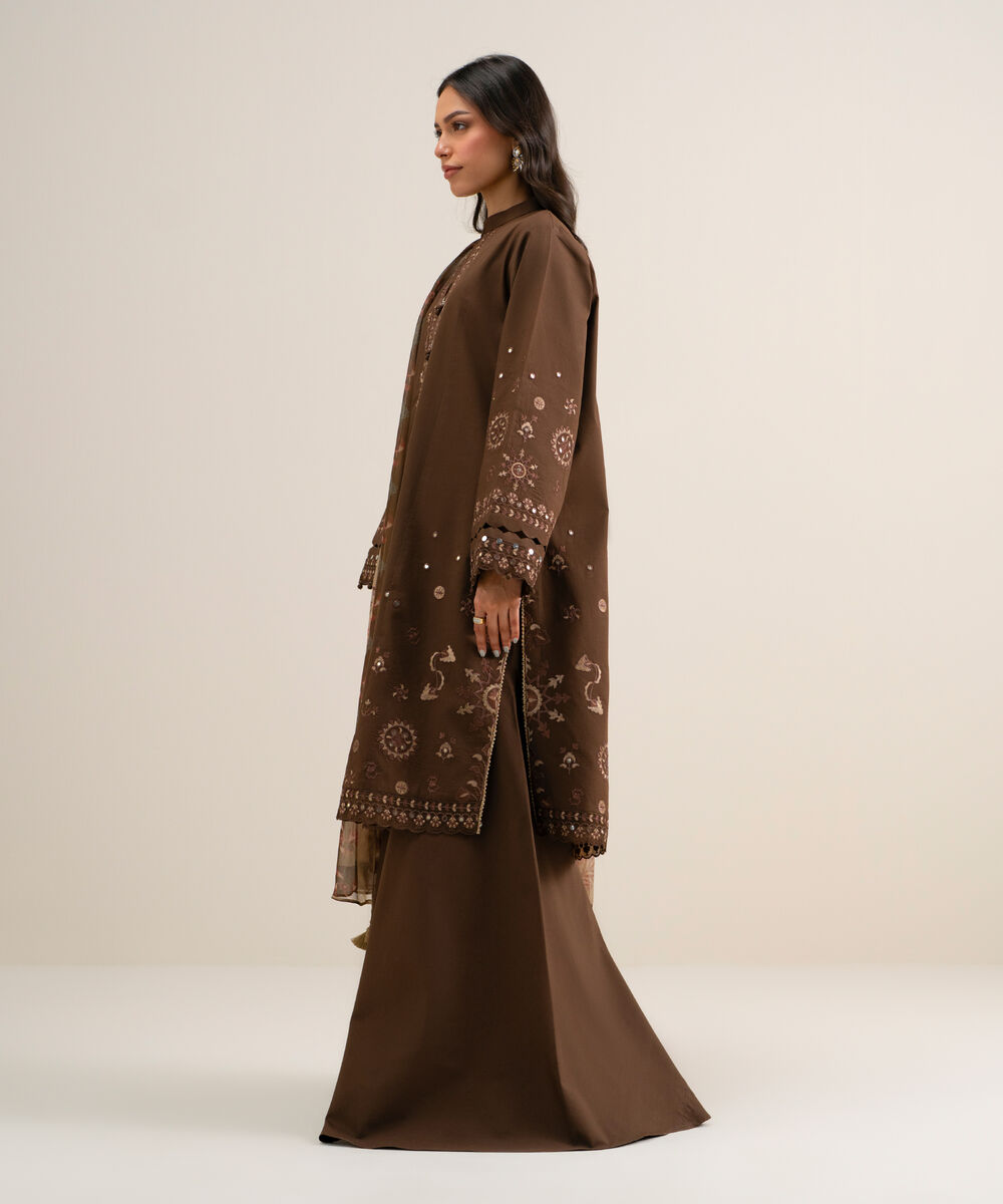 Women's Unstitched Embroidered Cotton Viscose Dark Brown 3 Piece Suit
