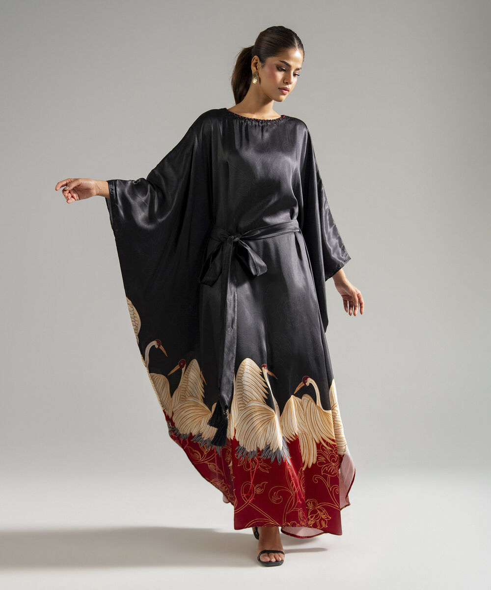 Women's RTW Blended Satin Printed Black Kaftan