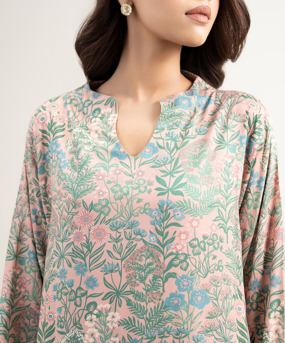 Women's RTW Arabic Lawn Printed Peach Drop Shoulder Shirt