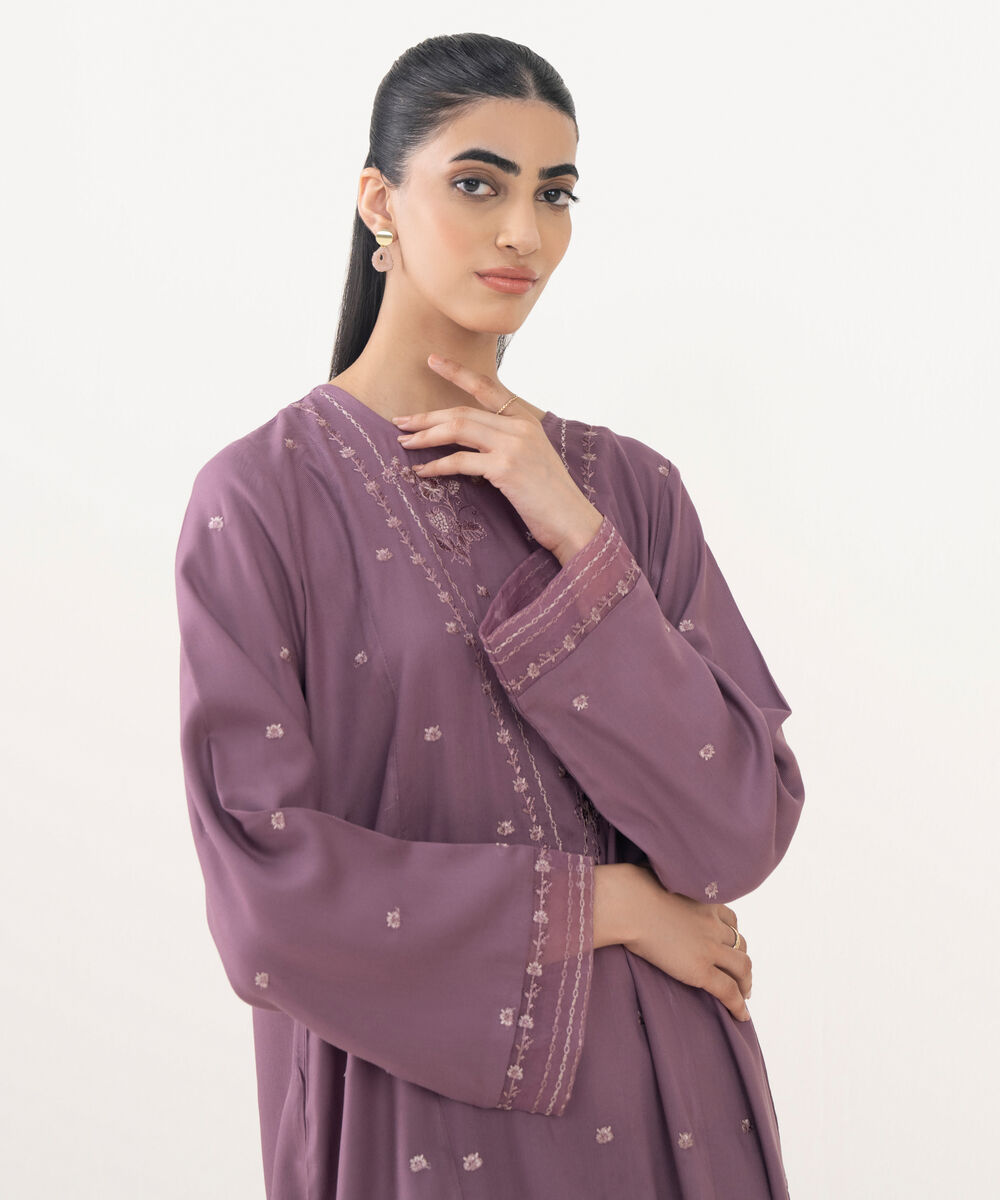 Women's RTW Bedford  Embroidered Purple Straight Shirt