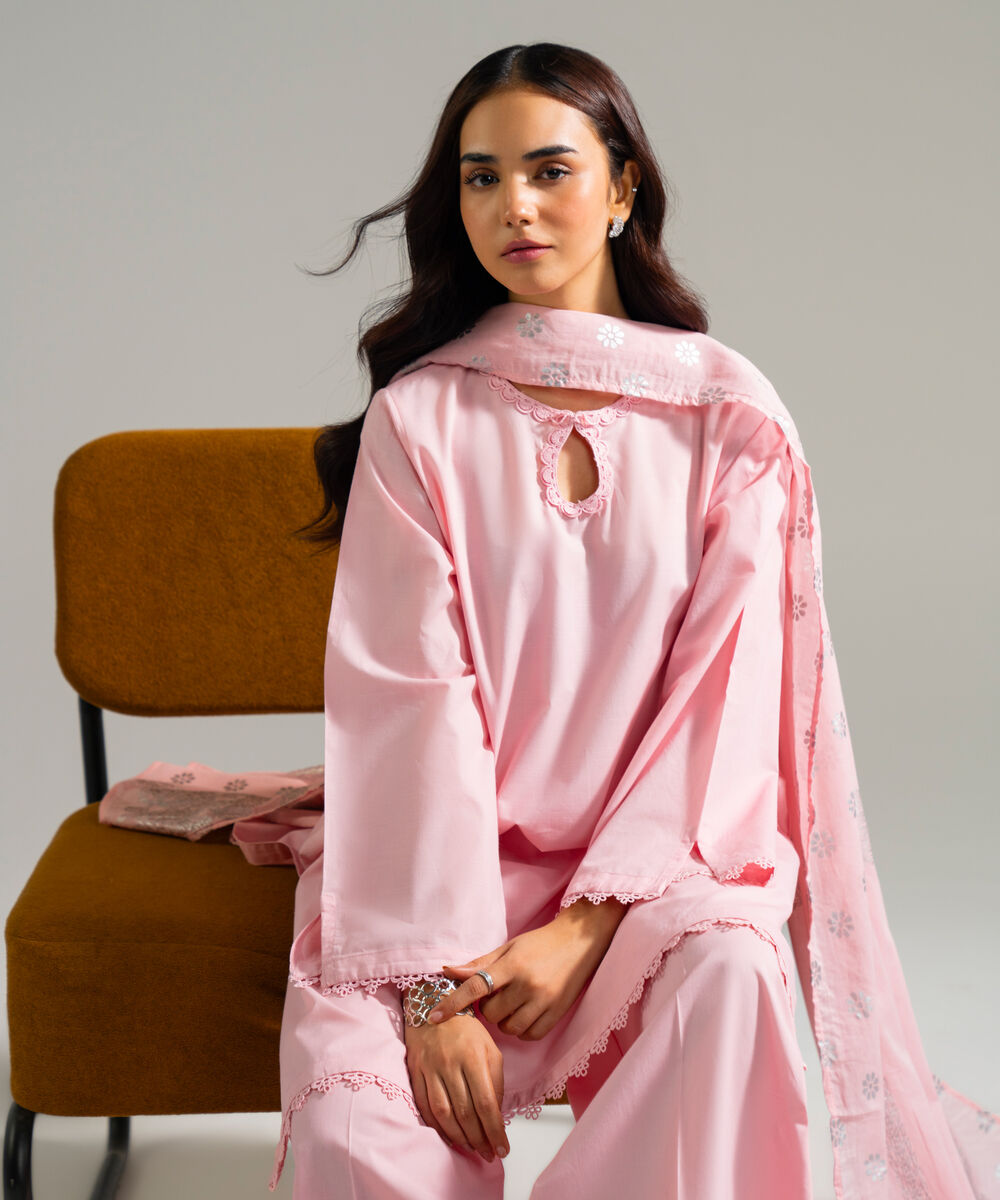 Women's RTW Slub Lawn Solid Pink 3 Piece Suit