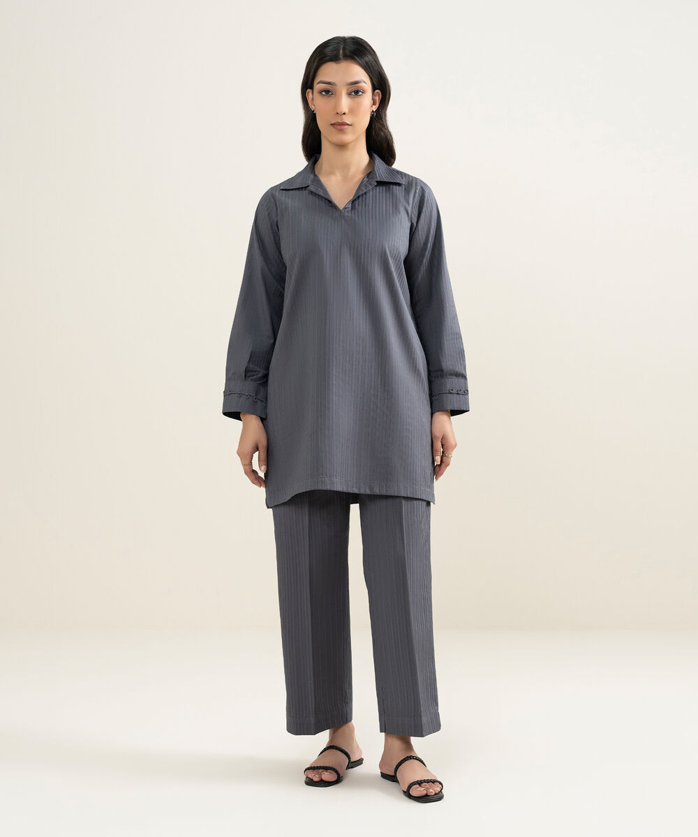 Women's RTW Dobby Solid Grey Straight Shirt