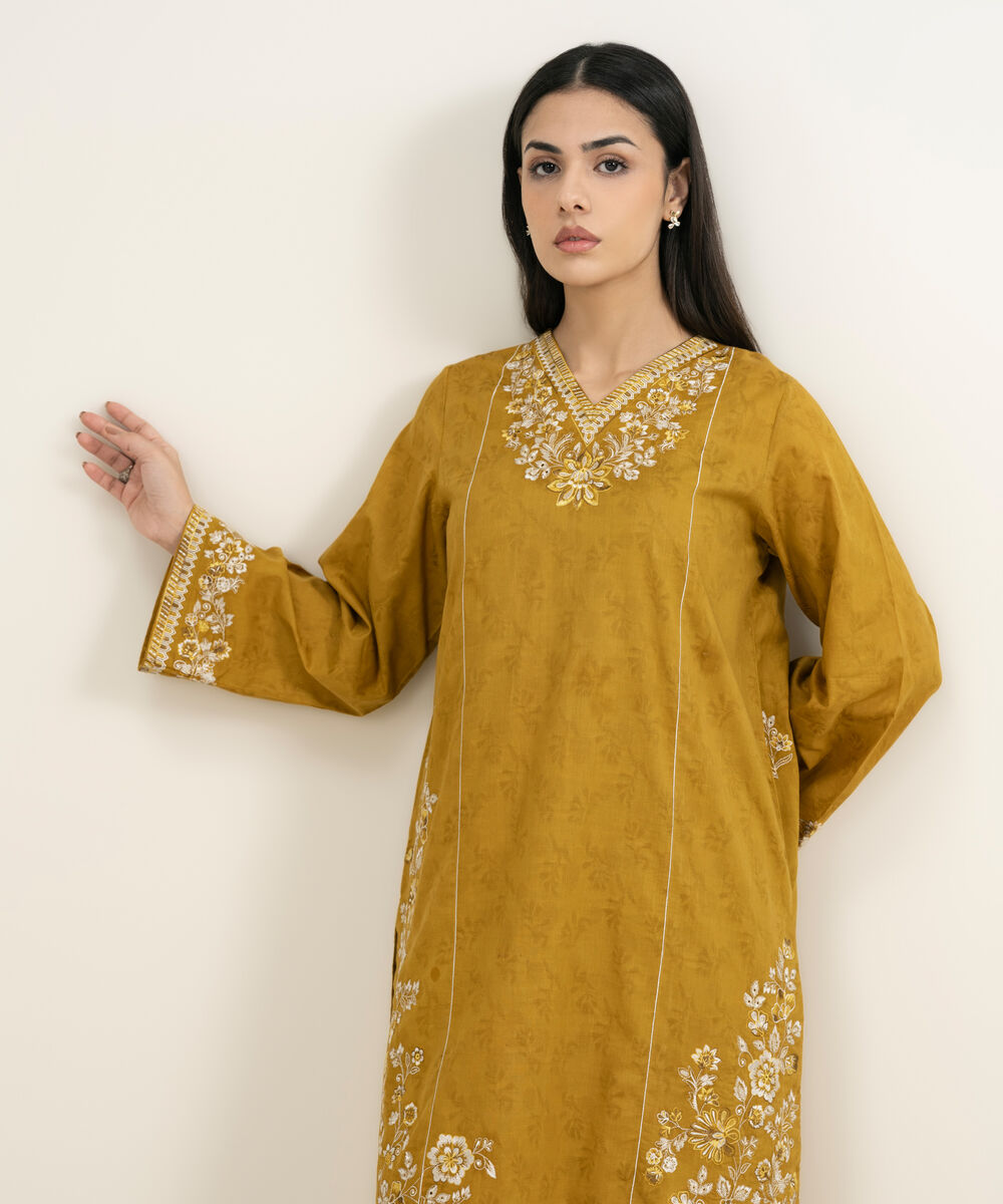 Women's RTW Self Jacquard Embroidered Yellow A-Line Shirt