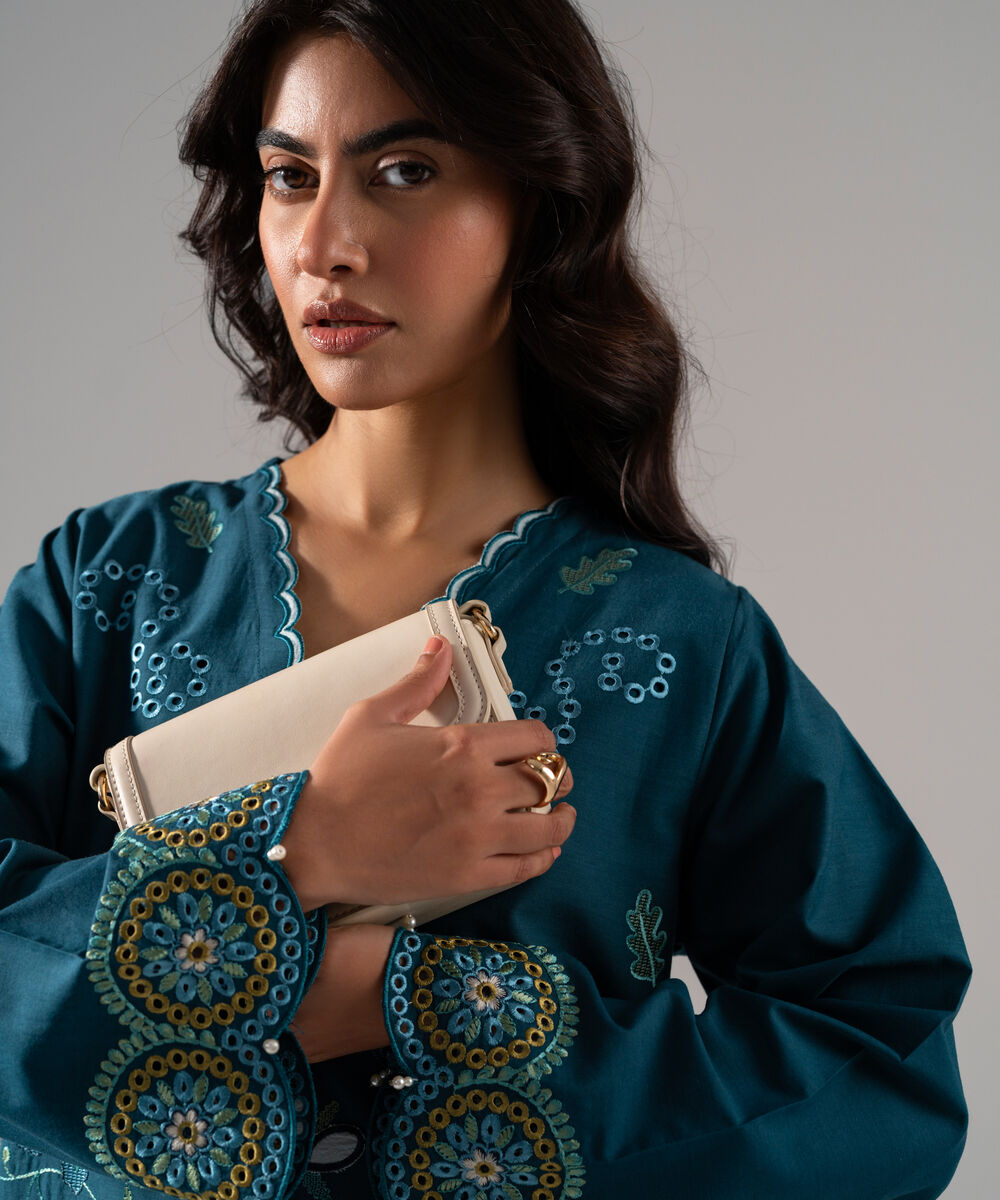 Women's RTW Solid Embroidered Teal Cotton Viscose Shirt