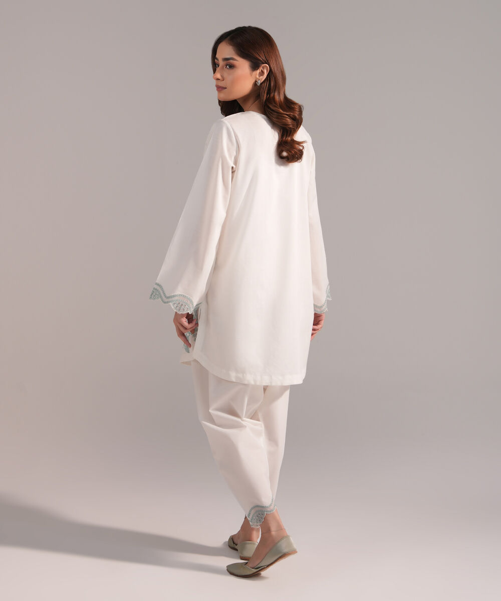 Women's RTW Crosshatch Embroidered Off White Straight Shirt