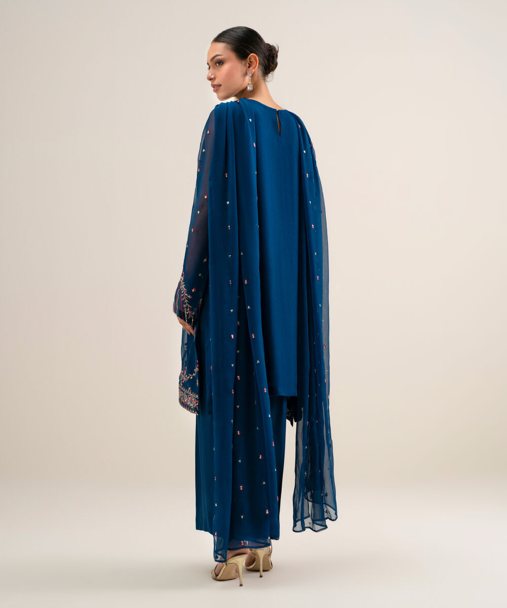 Women's Unstitched Embroidered Blended Chiffon Teal Blue 3 Piece Suit
