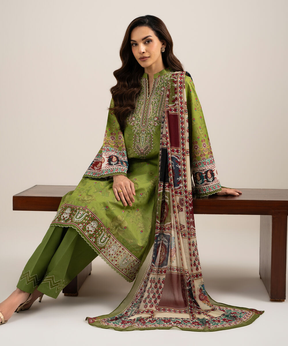 Women's Unstitched Lawn Embroidered Green