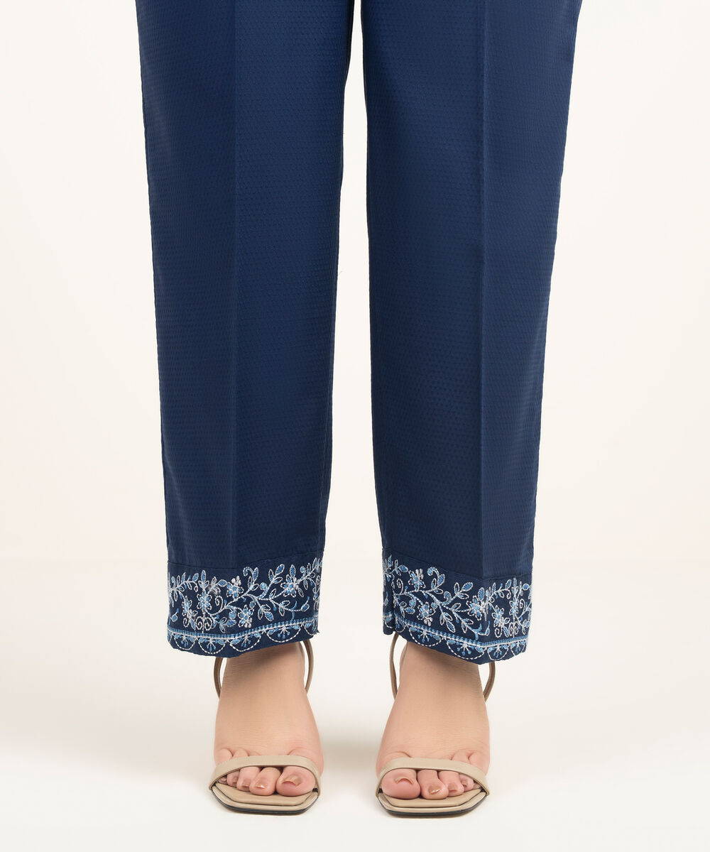 Women's RTW Dobby Embroidered Blue Straight Pants