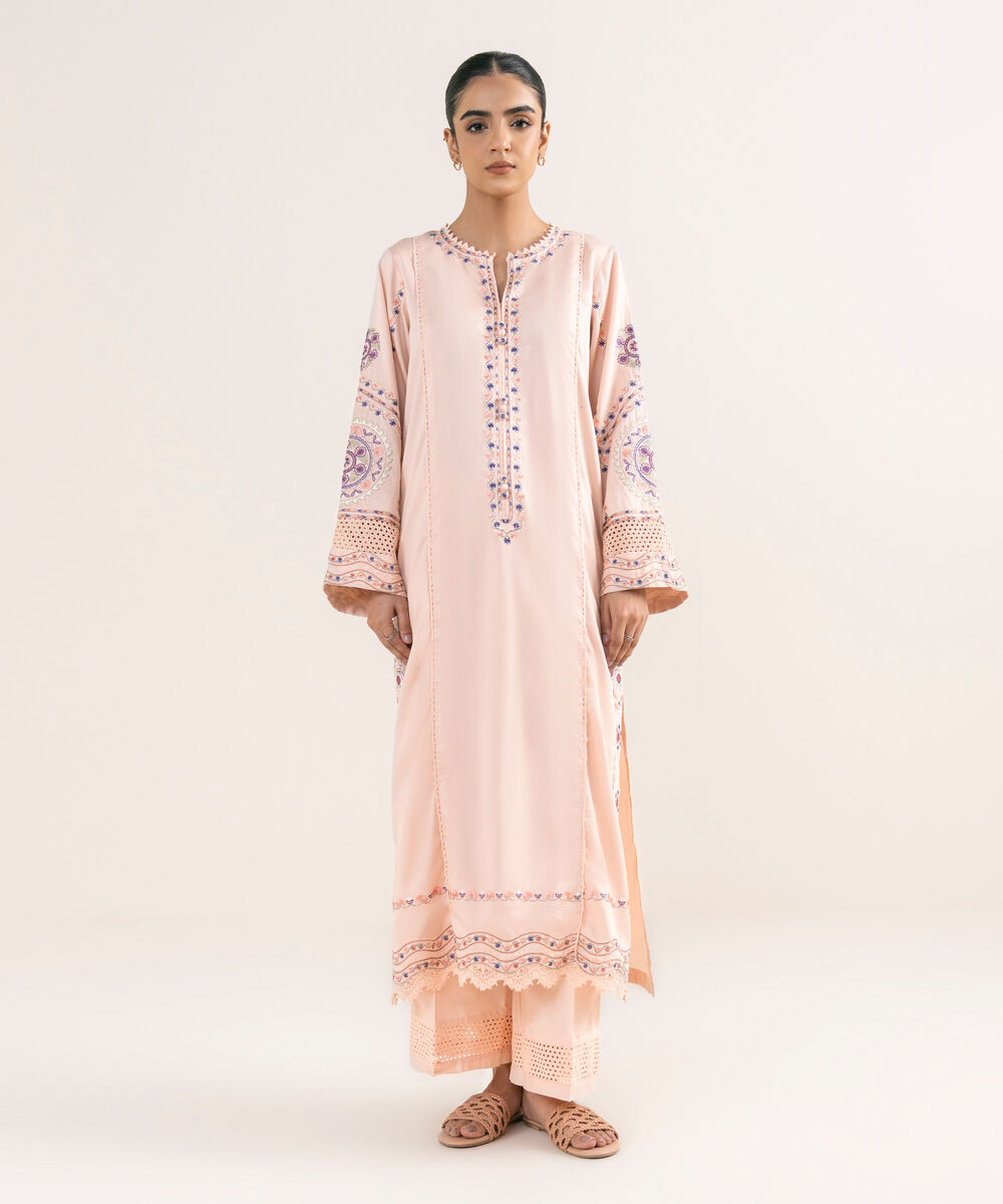 Women's RTW Cotton Satin Pink Embroidered A-Line Shirt