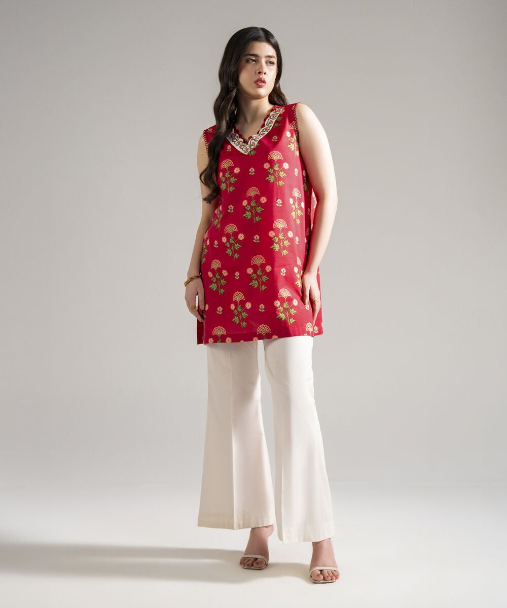 Women's RTW Slub Lawn Printed Red Straight Shirt