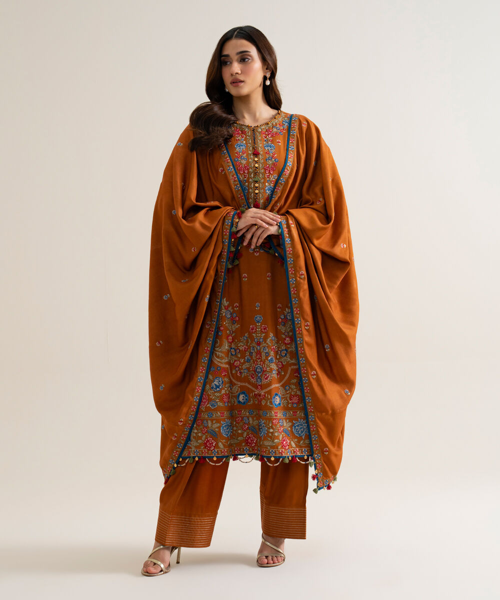 Womens Unstitched Cotton Twill Embroidered Burnt Orange 3 Piece Suit
