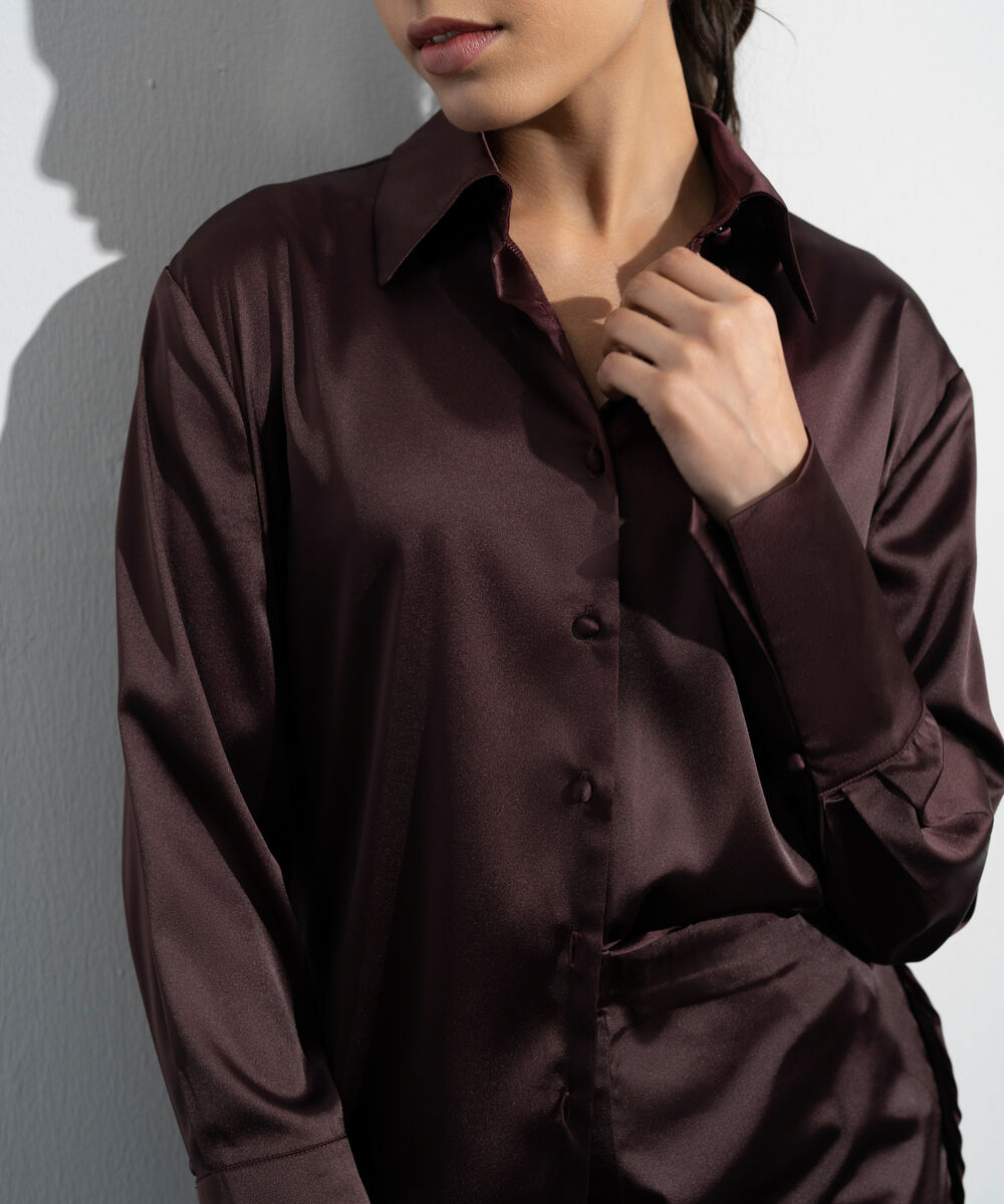 Women's Western Maroon Polka Dot Satin Shirt