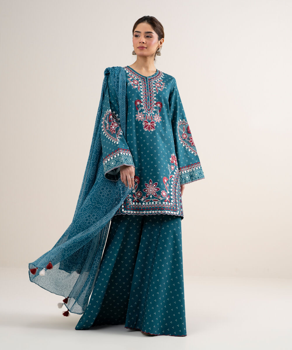 Women's Unstitched Lawn Embroidered Blue 3 Piece Suit