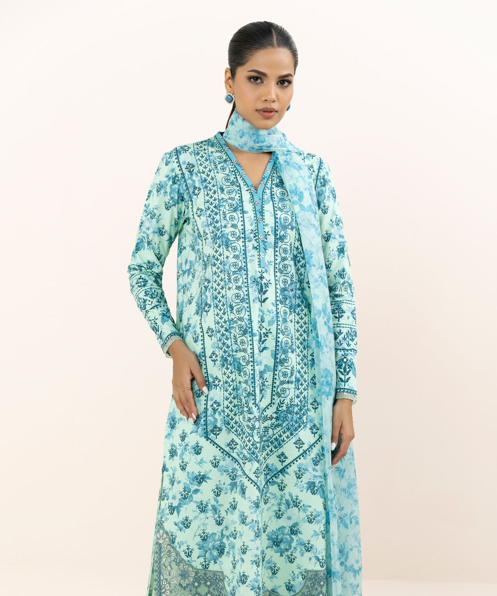Women's Unstitched Cotton Viscose Embroidered Blue 3 Piece Suit