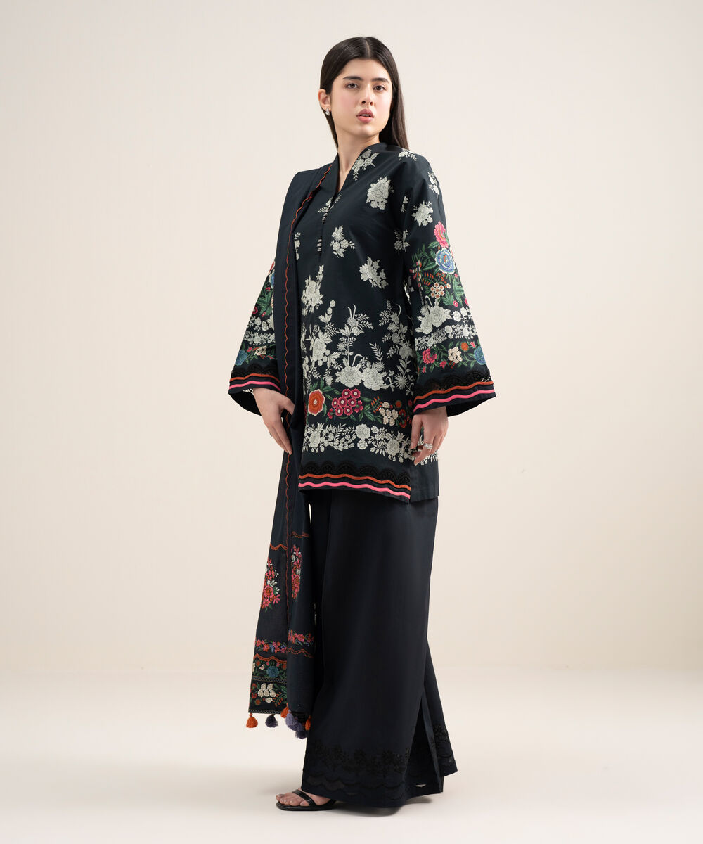 Women's Unstitched Lawn Embroidered Black  3 Piece Suit