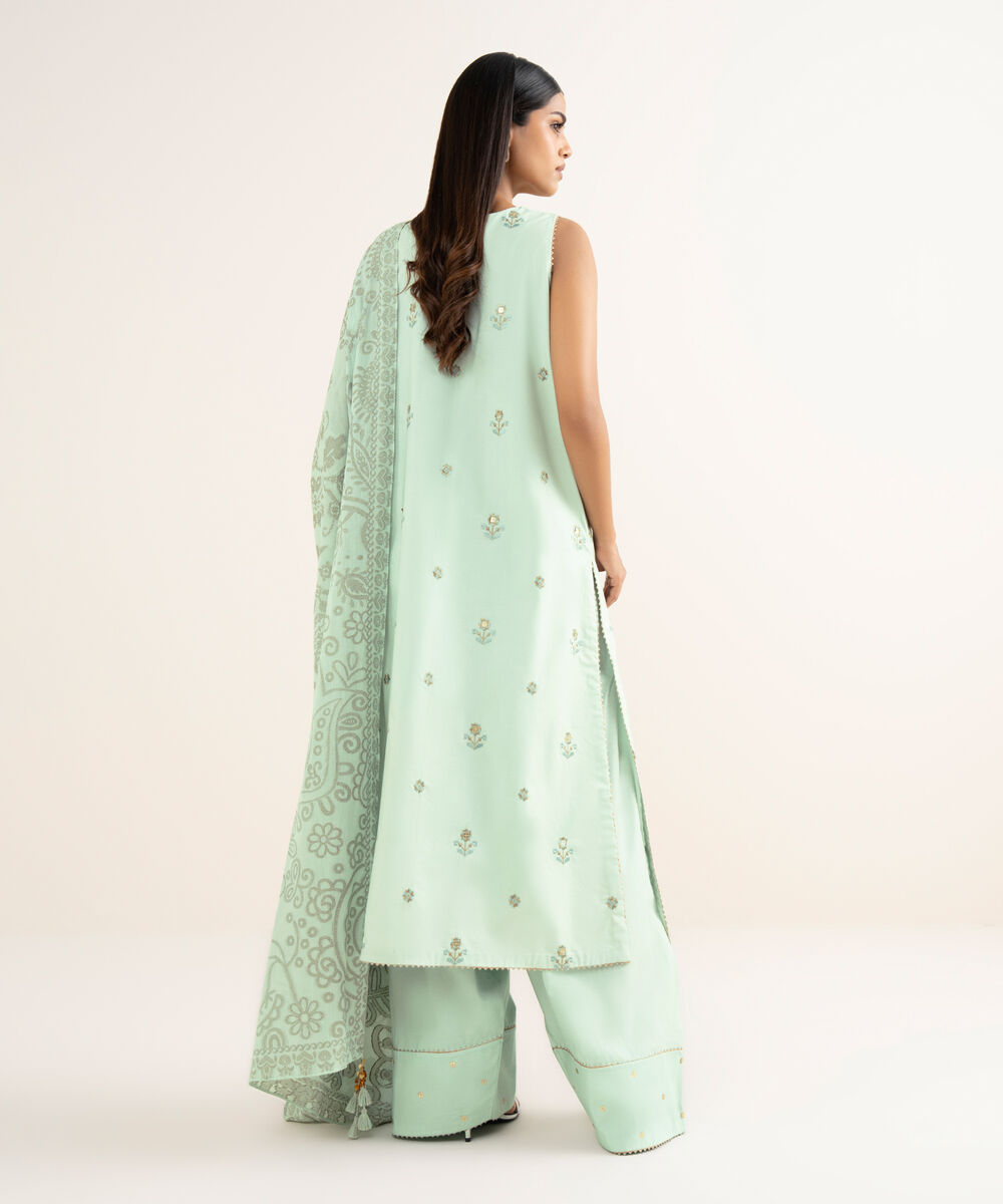 Women's Unstitched Embroidered Cotton Light Aqua 3 Piece Suit