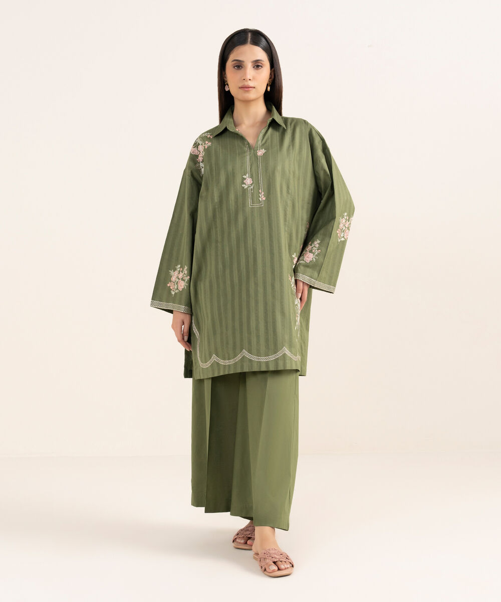 Women's RTW Textured Lawn Green Embroidered Boxy Shirt
