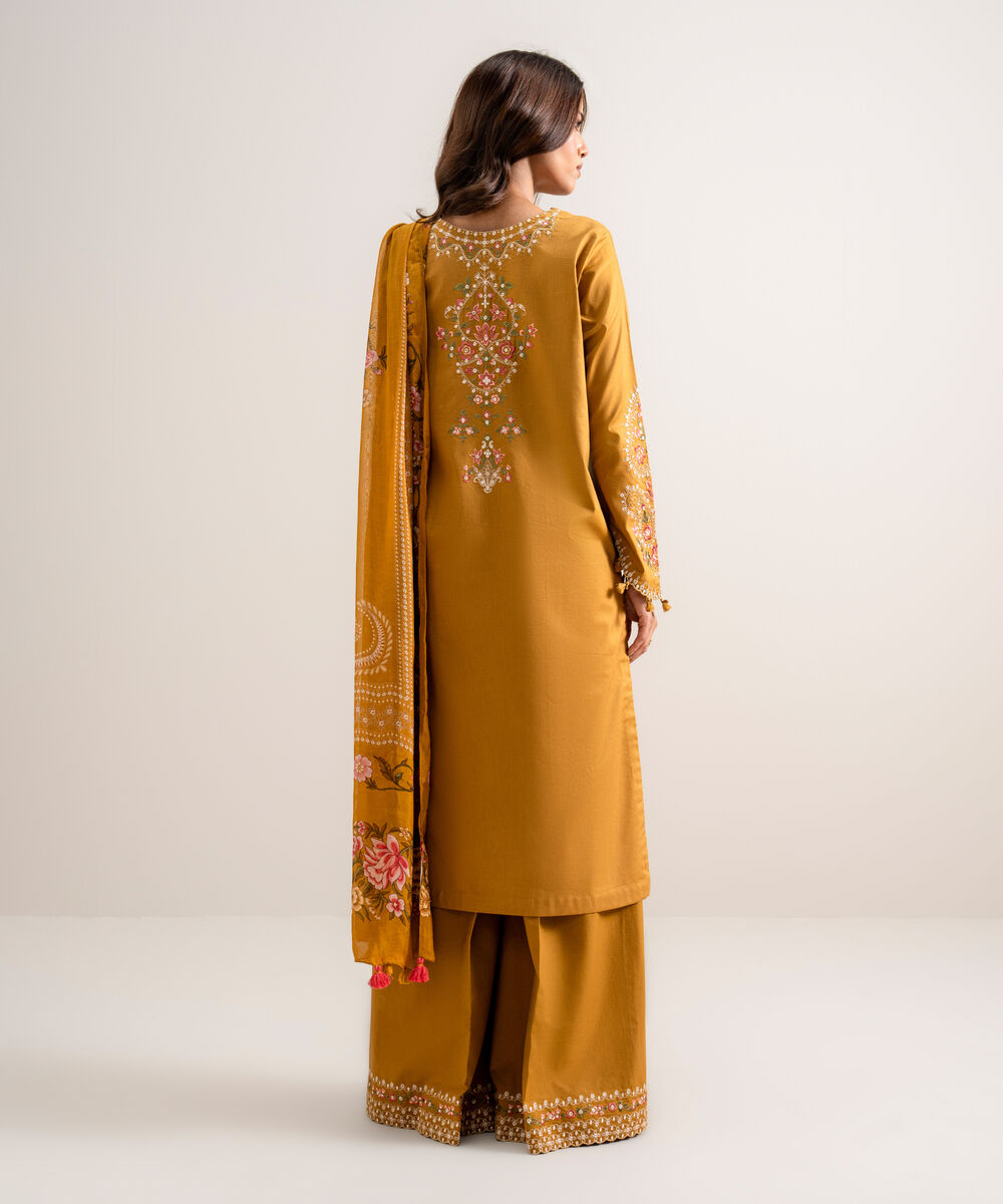 Women's Unstitched Embroidered Cotton Viscose Mustard 3 Piece Suit