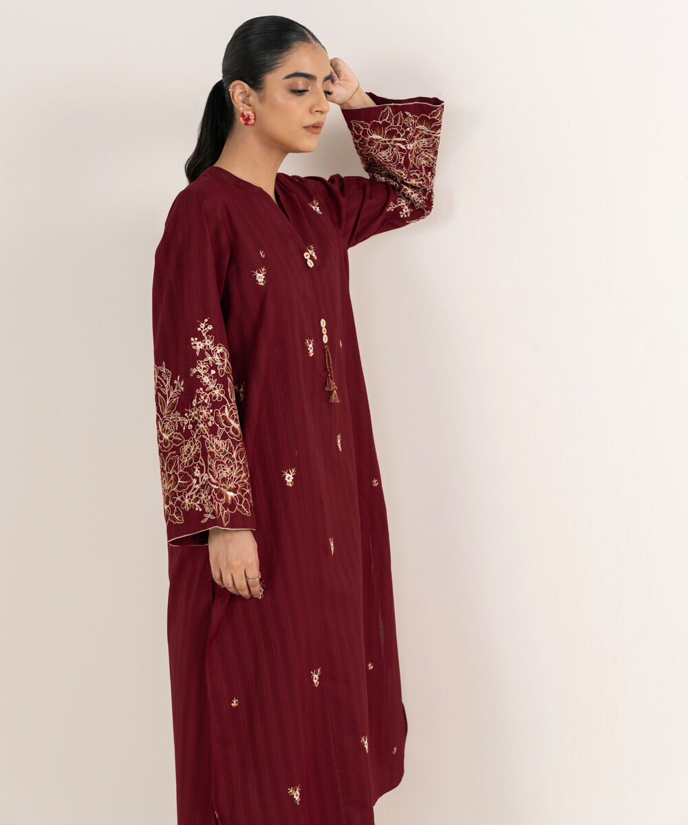 Women's RTW Textured Lawn Maroon Embroidered A-Line Shirt