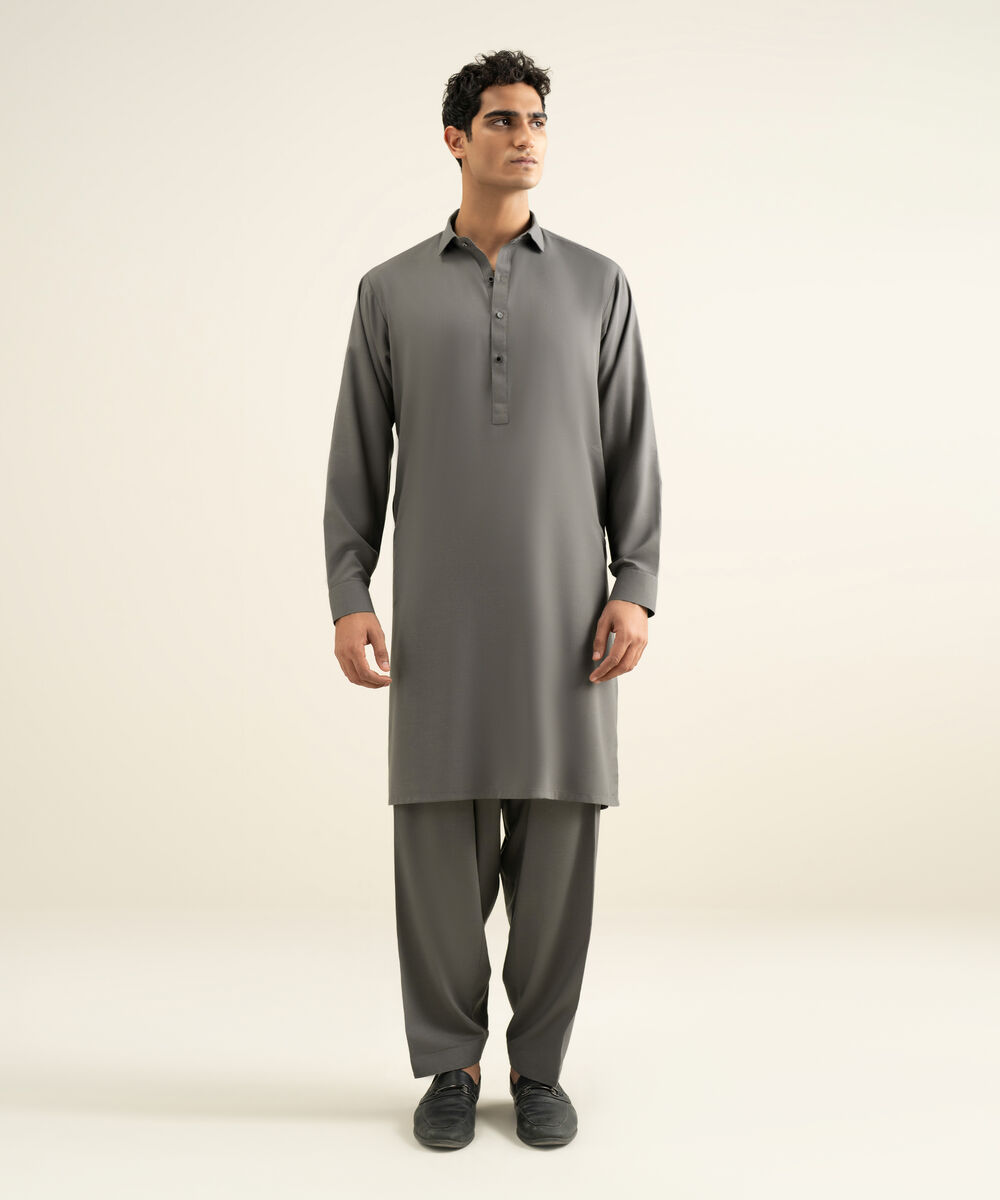 Men's grey Blended Linen Kameez Shalwar