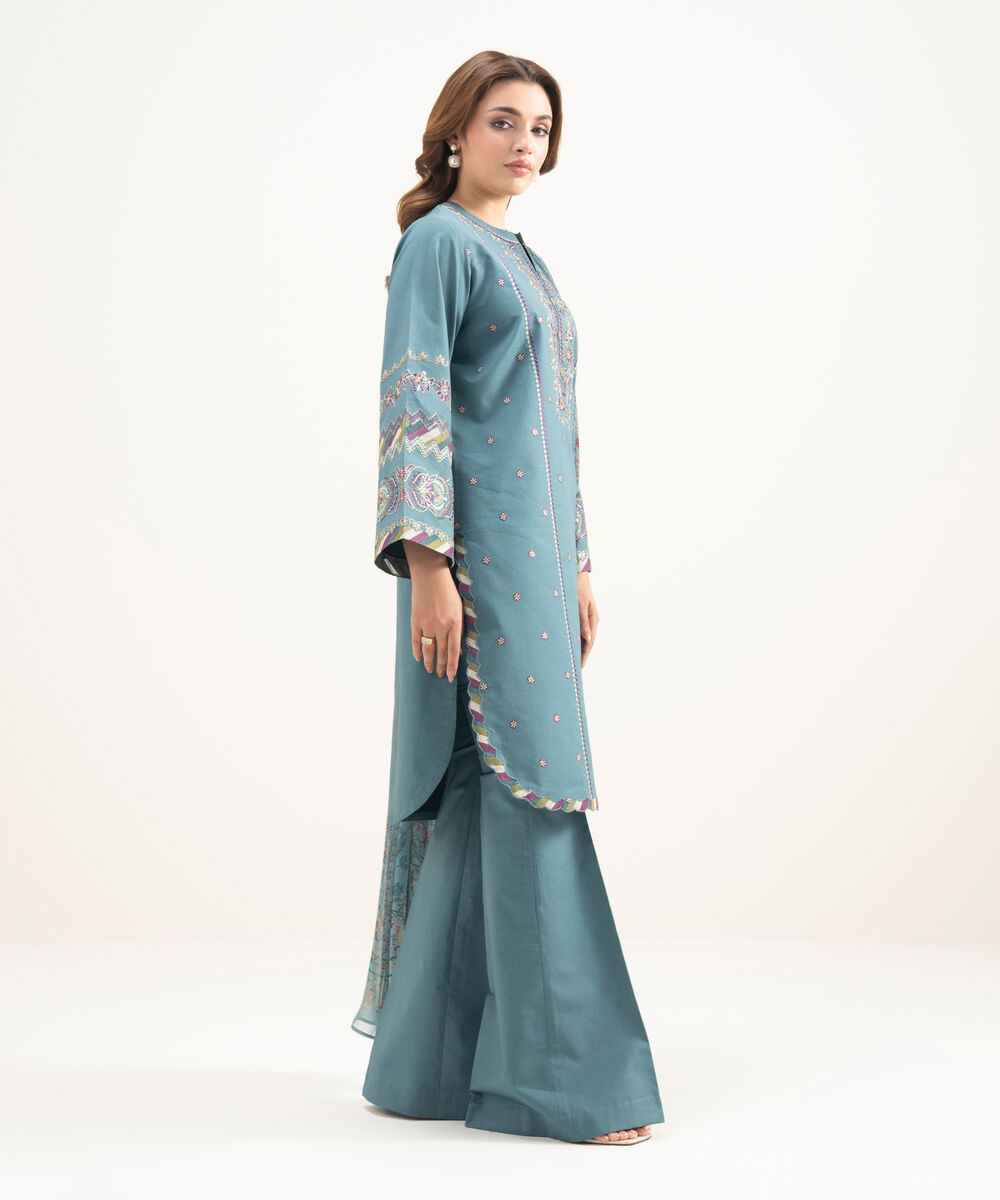 Women's Unstitched Lawn Embroidered Blue  3 Piece Suit