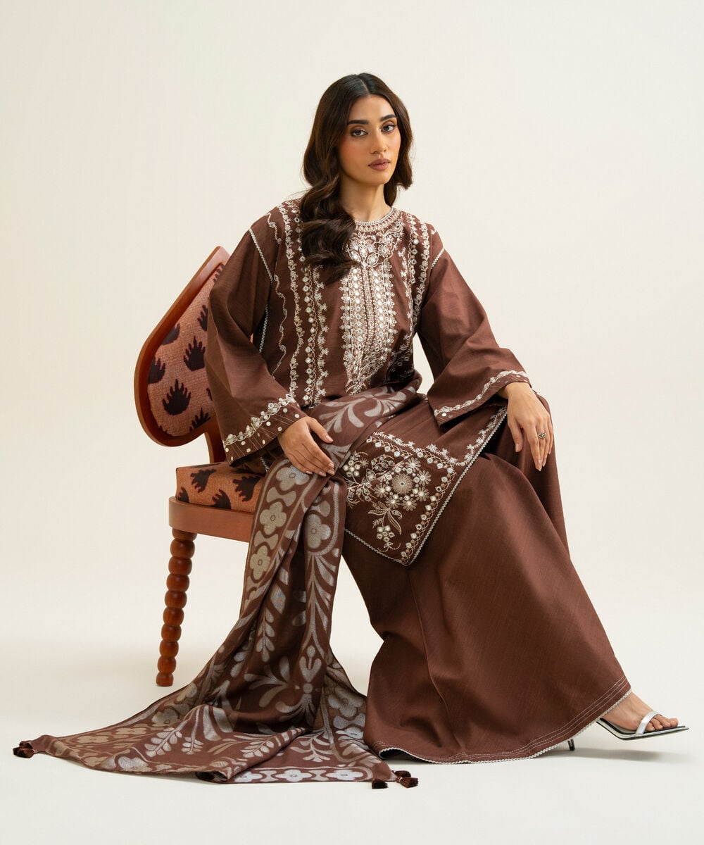 Women's Unstitched Light Khaddar Embroidered Brown & Off White 3 Piece Suit