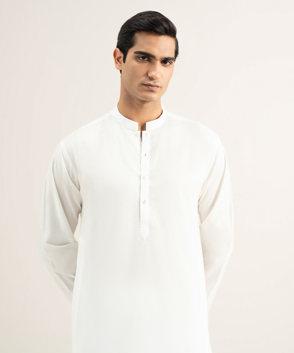 Men's Stitched Cotton Jacquard Off White Kurta