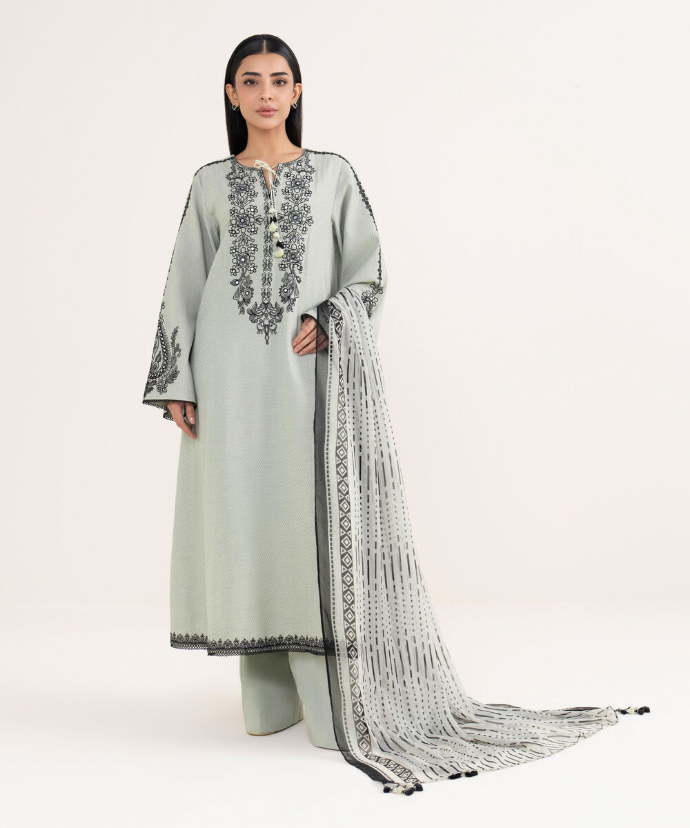 Women's Unstitched Dobby Embroidered Grey 3 Piece Suit