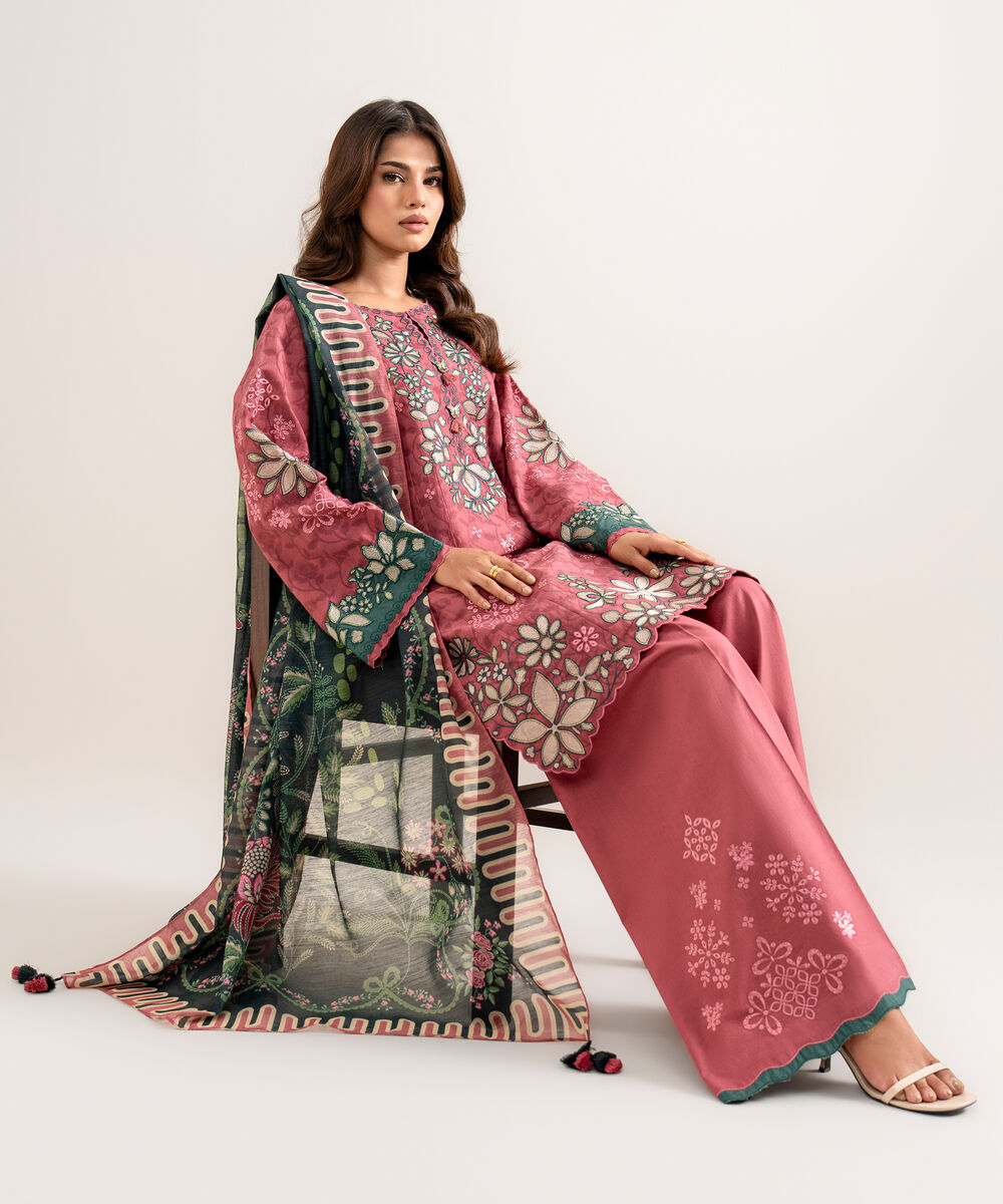 Women's Unstitched Embroidered Cotton Jacquard Tea Pink 3 Piece Suit
