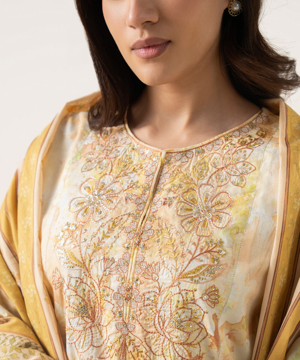 Women's Unstitched Textured Lawn Embroidered Yellow 3 Piece Suit