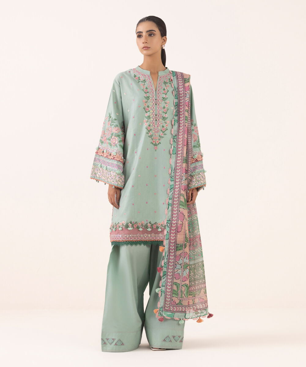 Women's Unstitched Fine Cotton Satin Embroidered Blue 3 Piece Suit
