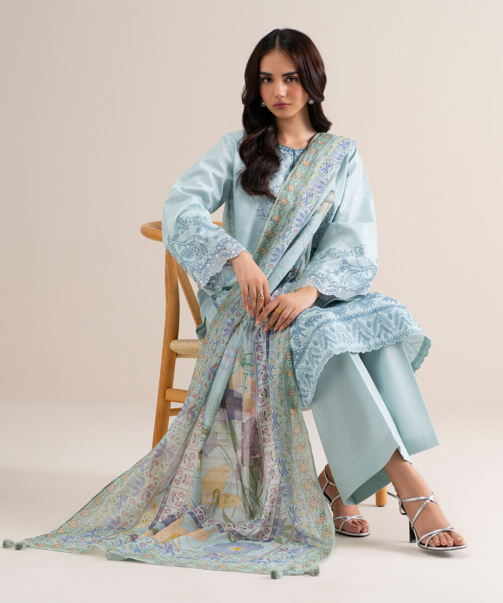 Women's Unstitched Embroidered Cotton Ice Blue 3 Piece Suit