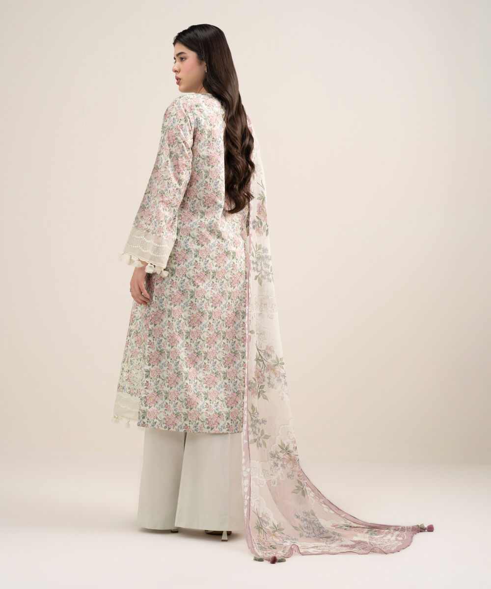 Women's Unstitched Lawn Embroidered Off White 3 Piece Suit