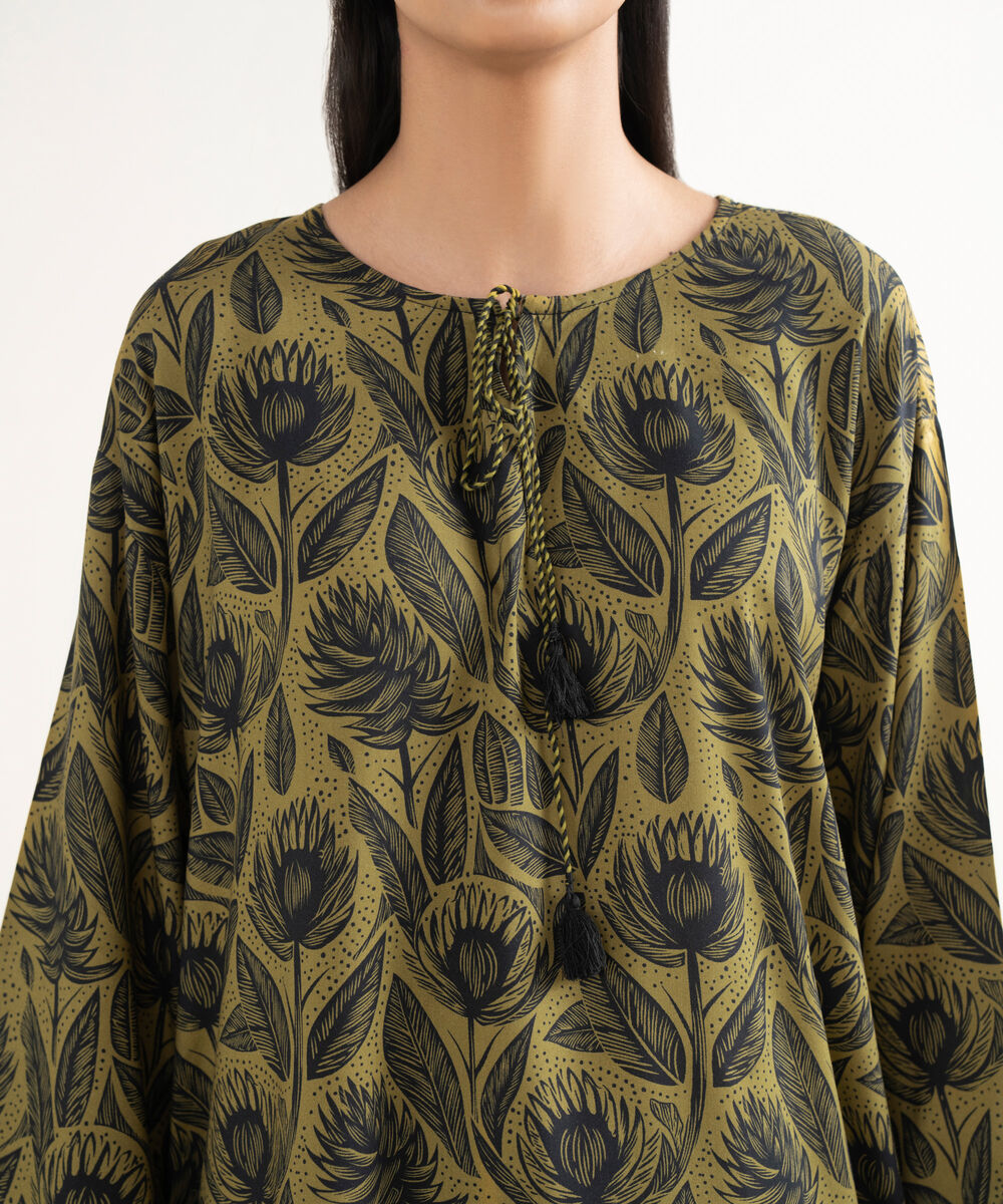 Women's RTW Cotton Viscose Printed Drop Shoulder Green Shirt