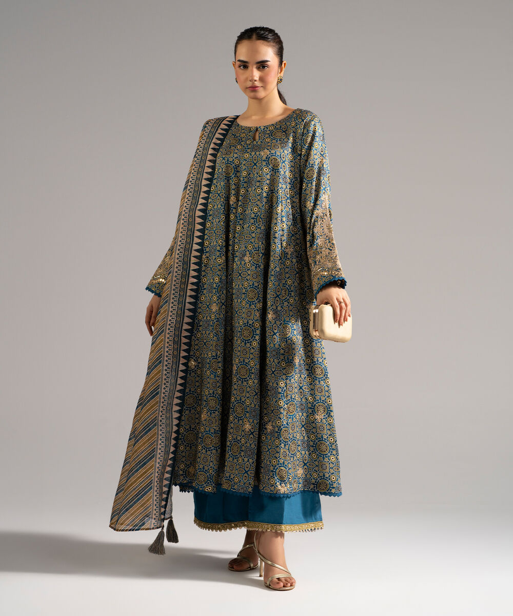 Women's RTW Raw Silk Embroidered Blue 3 Piece Suit
