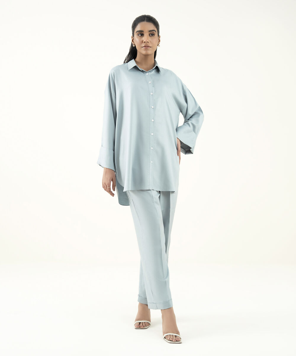 Women's RTW Dobby Blue Solid Button Down Shirt