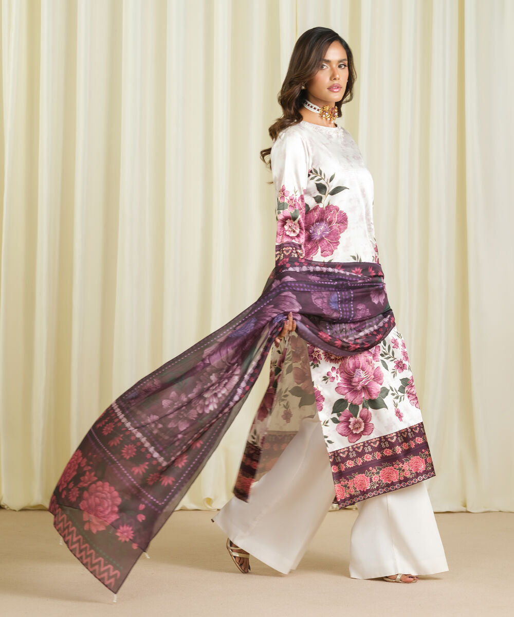 Women's Unstitched Blended Satin Printed Multi 3 Piece Suit