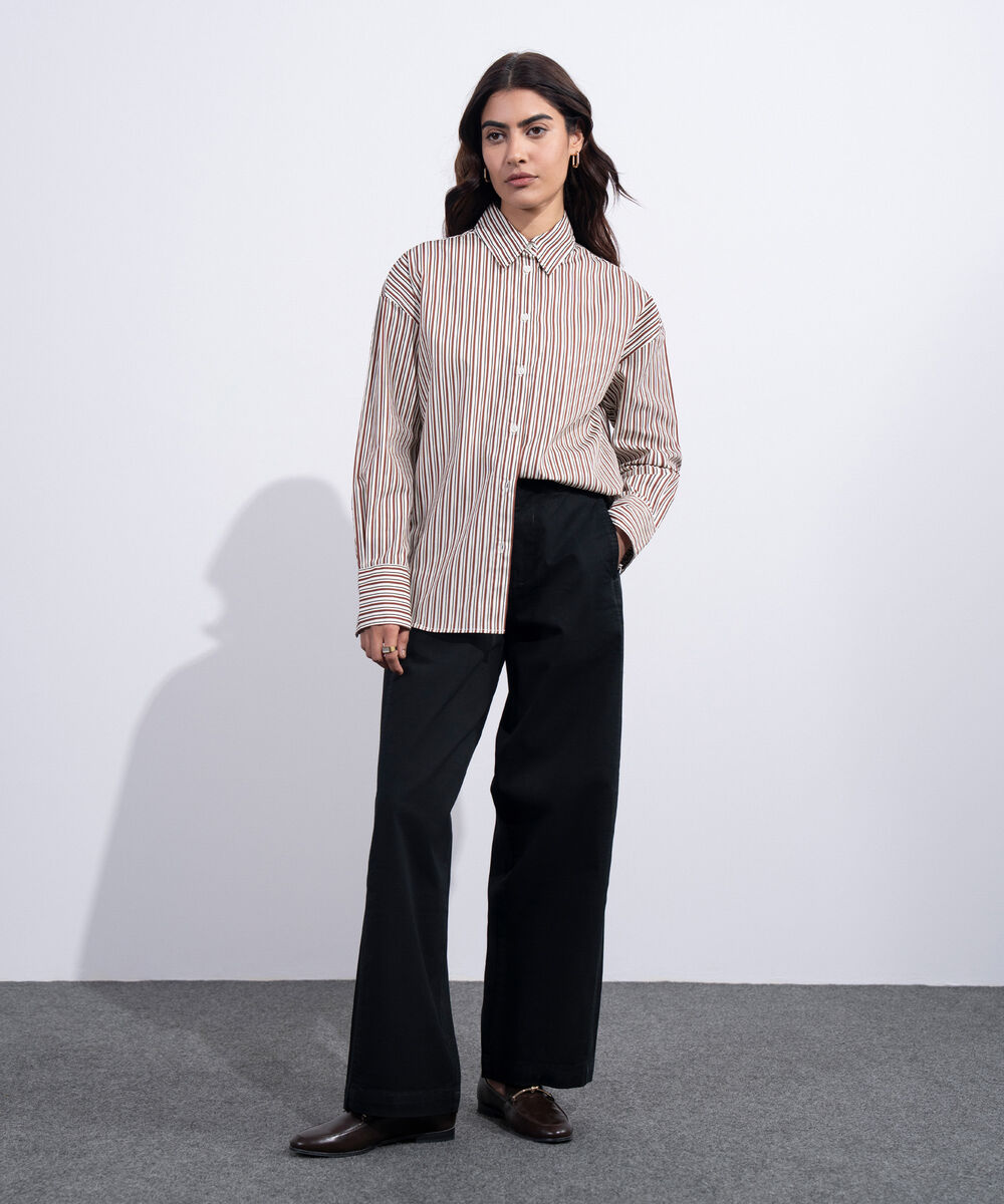 Women's Western Brown And White Standard-Fit Poplin Shirt