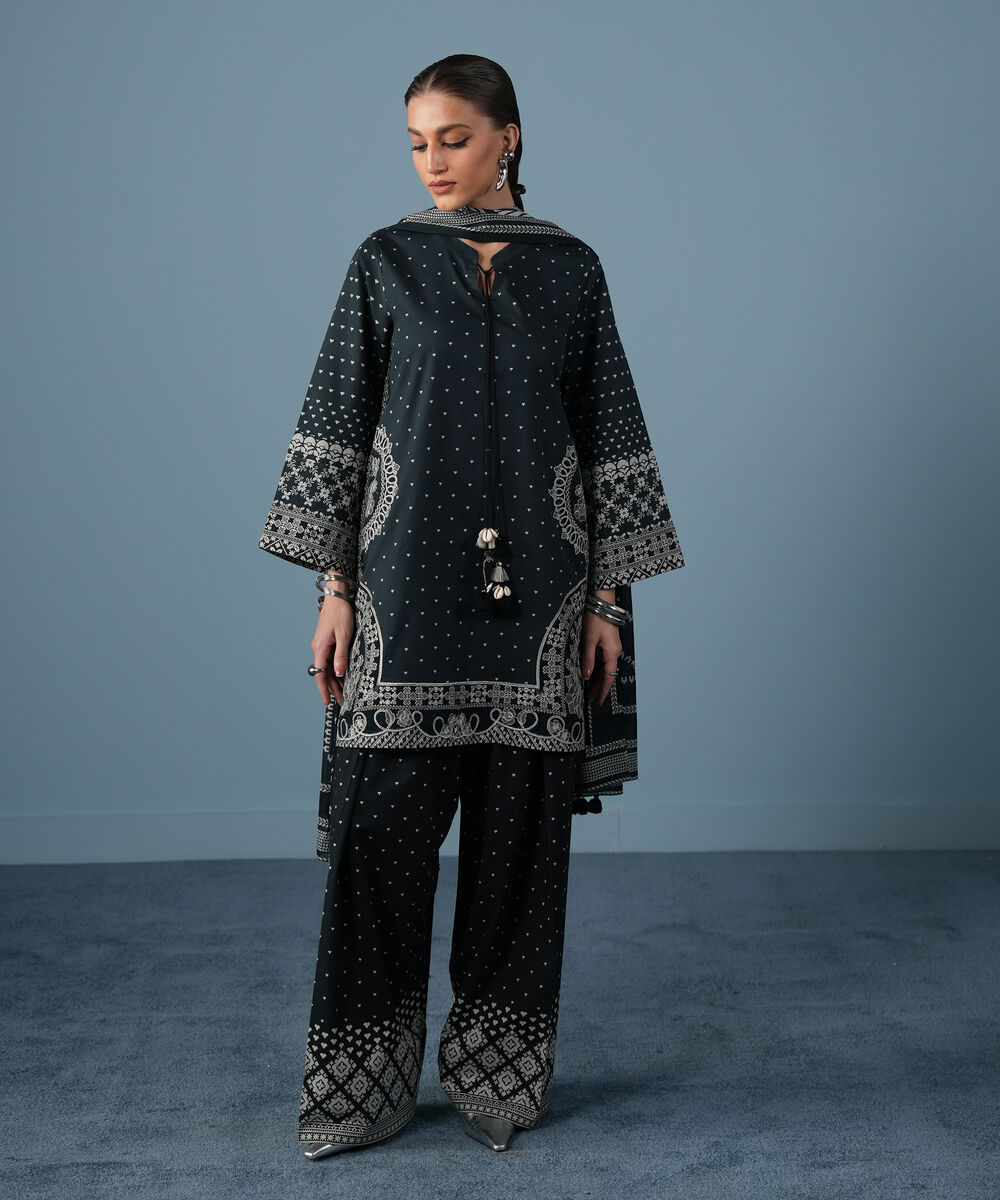 Women's Unstitched Lawn Embroidered Black and Off White 3 Piece Suit