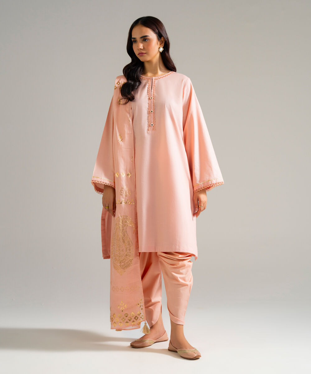 Women's RTW Slub Lawn Solid Peach 3 Piece Suit