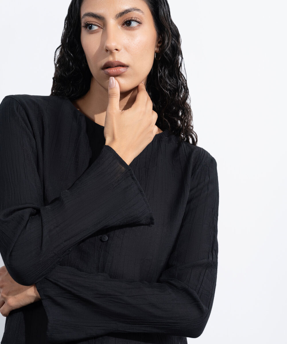 Women's Western Wear Black Regular-Fit Textured Top