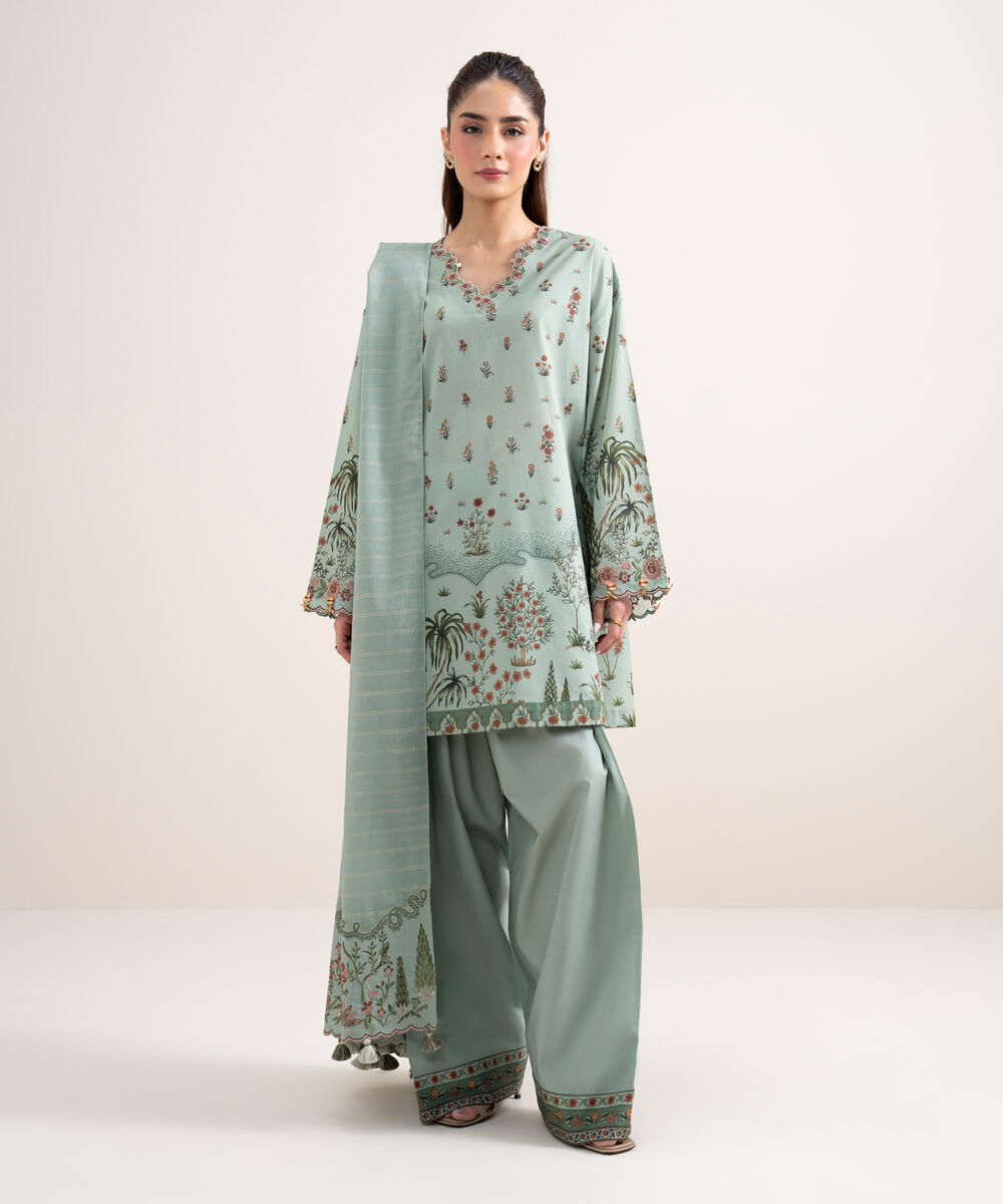 Women's Unstitched Lawn Embroidered Green 3 Piece Suit