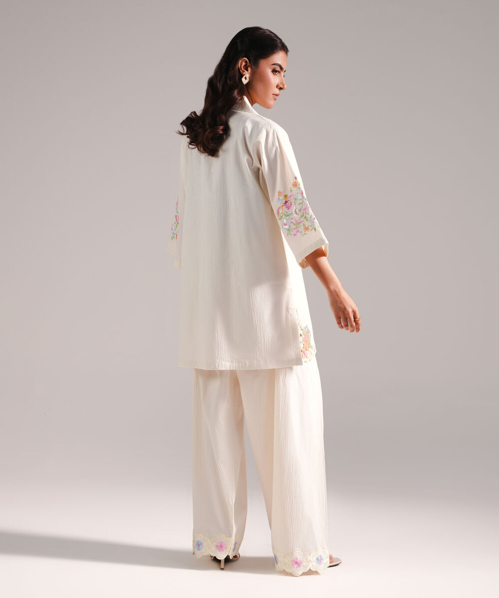 Women's RTW Seersucker Embroidered Off White Straight Shirt
