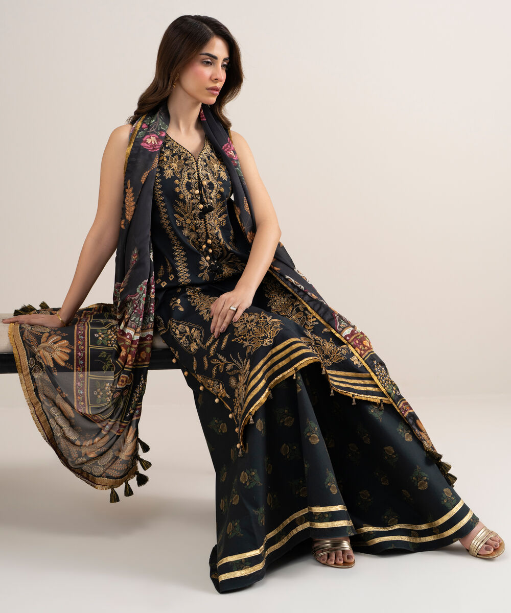 Women's Unstitched Dobby Embroidered Black 3 Piece Suit